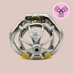 A front view of the Bird Cage Hinged Urethral chastity cage from House Of Chastity, this close up image shows the cage fully assembled.