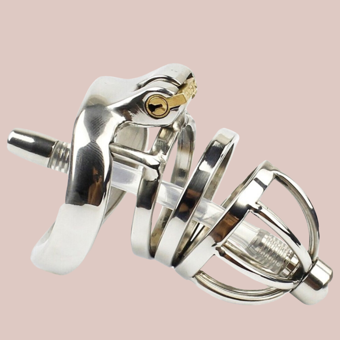 A small stainless steel chastity cage, it comes with a full submission fountain bar head design, then two rings that then fix to the base ring. When fixed together the lock can be fixed into place and it comes with a urethral tube that is removable.