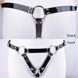 Showing the view from the front and back of the Black Patent Chastity Belt from House Of Chastity.