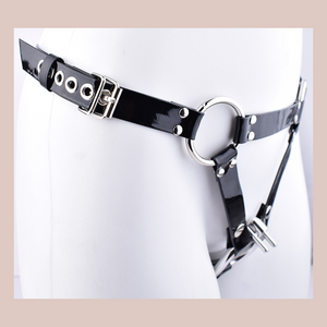 A side view of the black patent shiny chastity belt from House Of Chastity, you can see the adjustable buckles on the sides.