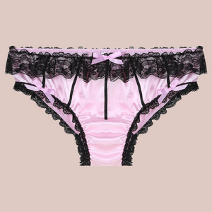 Bow Knot pink satin panties with black lace detailing, they are roomy at the front and come in larger sizes.