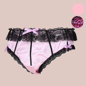 An angled view of the bow knot  satin panties, it shows the black lace detailing and decorative bows. To the top right of the picture are two colour circles which show what colours the panties are available in.
