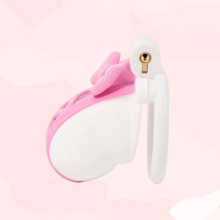 A side view of the chastity cage, the integral lock is clear to view from this angle.