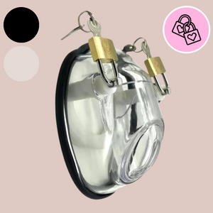 A close up side view of the CB2000 clear chastity cage, you can see the double padlocks.
