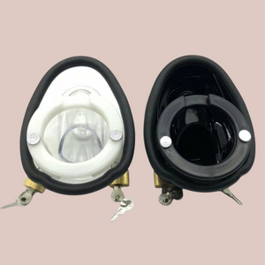 The underside view of the clear and black CB2000 chastity cages from House Of Chastity
