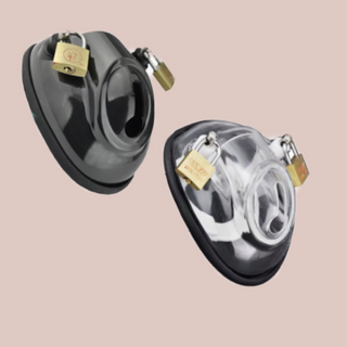 Showing the black and clear CB2000 chastity cages from House Of Chastity. Complete confinement with a double padlock lock.