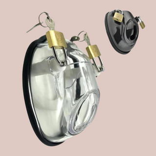 A close up side view of the CB2000 clear chastity cage, you can see the double padlocks.. It's available in Transparent or Black.
