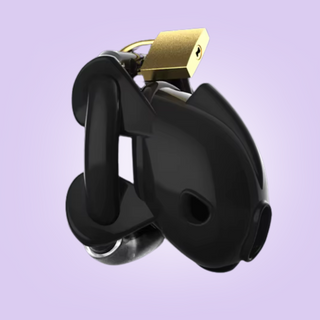 The CB Adjuster Small from a side profile, this black chastity cage shows the base ring and external padlock in place.