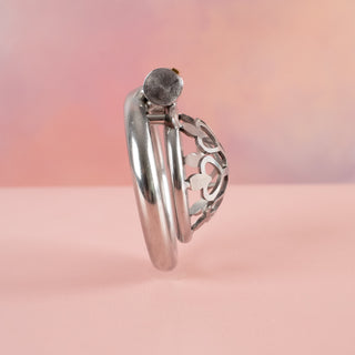 A side on view of the cage of hearts chastity cage.