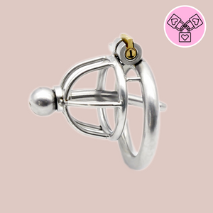 The Chaste Bird Nub is a small cock cage, it has the option of 3 direct base rings , has a 2 bar head design and the option of a removable urethral insert tube that is screwed in with the rounded head.