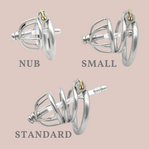 The three sizes of chastity cage offered in this range, nub, small and standard.