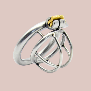 A side view of the Chaste Nub Metal chastity cage, it is shown assembled with the cage attached to the base ring and the integral lock in place.