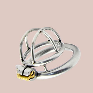 small sized chastity cage, the fretwork head of the cage fits securely into the base ring, this then allows the integral lock to be fixed into place.
