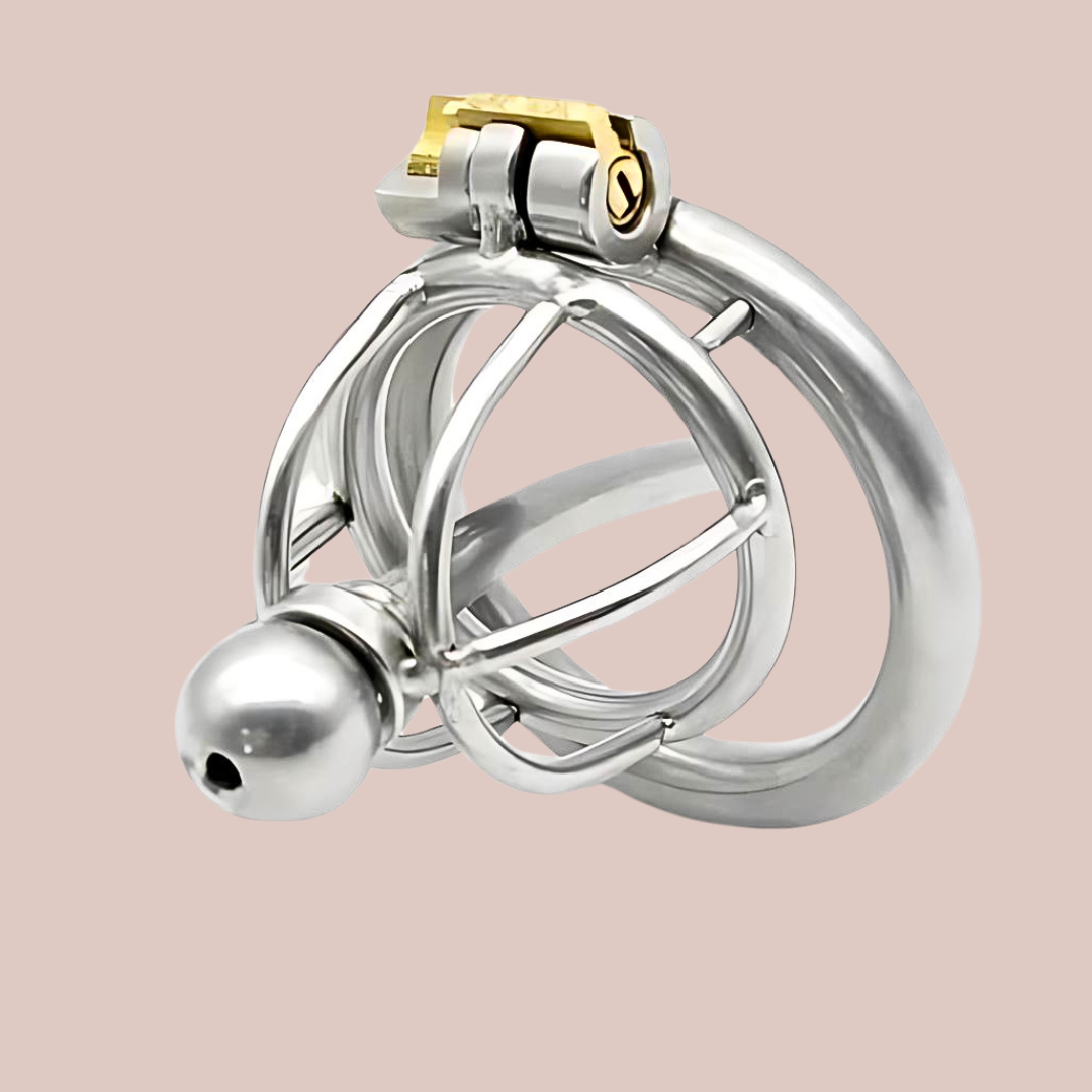 The Chaste Bird Nub is a small cock cage, it has the option of 3 direct base rings , has a 2 bar head design and the option of a removable urethral insert tube that is screwed in with the rounded head.