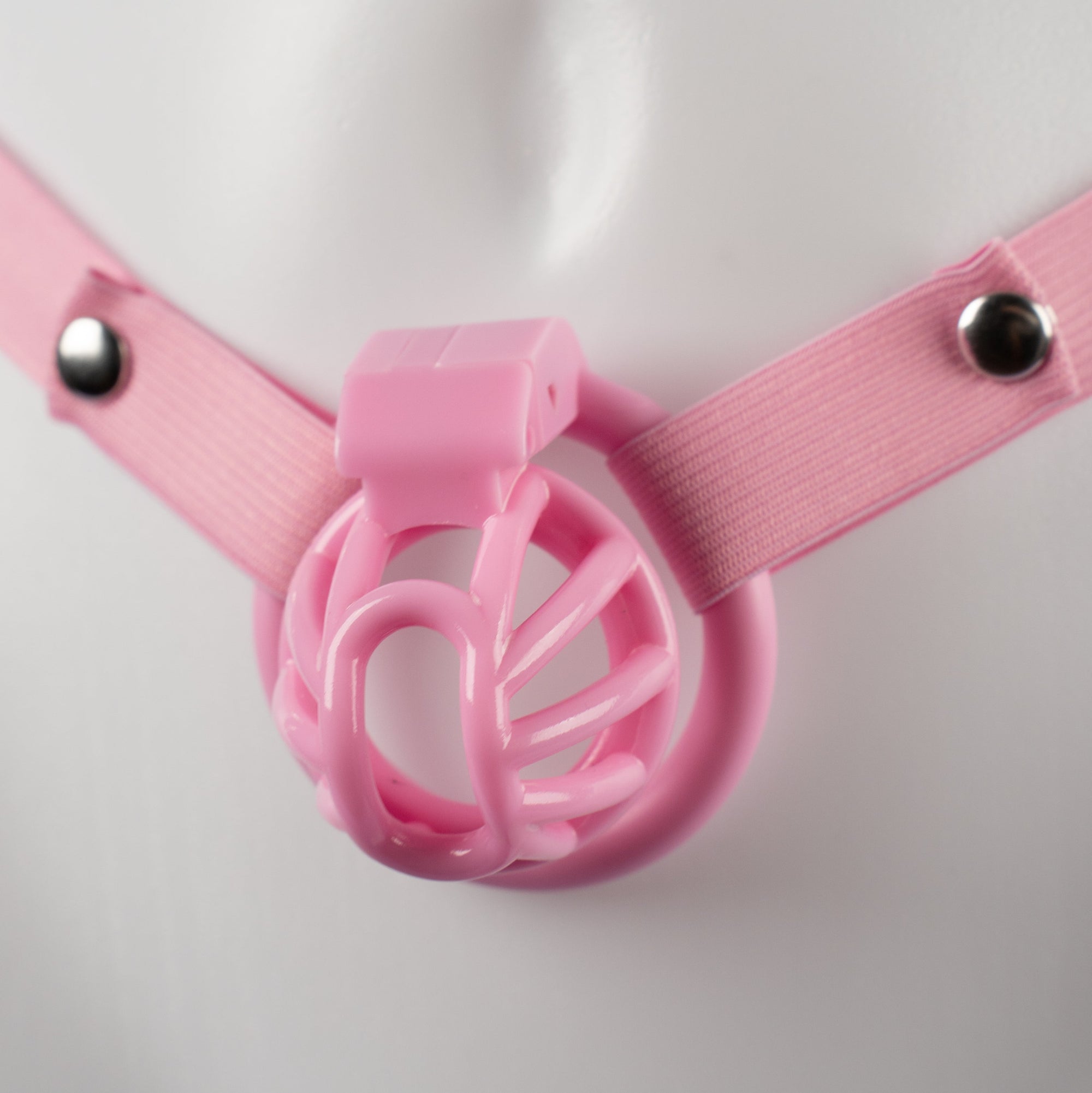 A close up of the popper fixings and elasticated material, you can see how the belt will support the chastity cage.