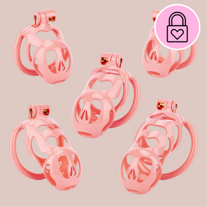 The Cobra Love chastity cage from House Of Chastity, shown here in all 5 sizes, they are the Nub, Nano, Small, Standard and Maxi. The single lock denotes their Classic level.