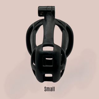 A close up front view of The Cobra Cuff Black Small chastity device, it is shown fully assembled.