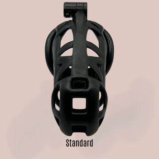 A close up front view of The Cobra Cuff Standard Black chastity device, it is shown from the front view fully assembled.