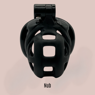 A close up front view of The Cobra Cuff Nub Black chastity , it is shown from a front view fully assembled.