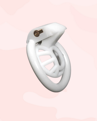The Cobra Innie white chastity cage shown at an angle