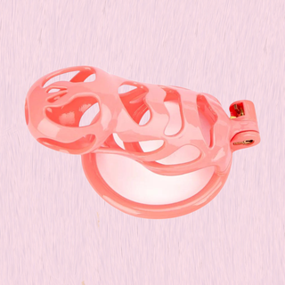 A view from above of the Cobra Love Maxi chastity cage on a pink background