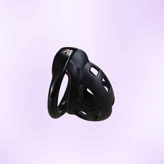 An angled side profile of the fully assembled chastity cage, it is shown on a purple background