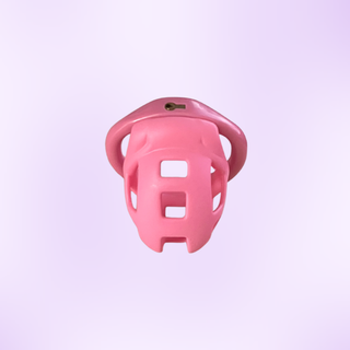 A view from above of the pink version of the cage, it is shown on a purple background