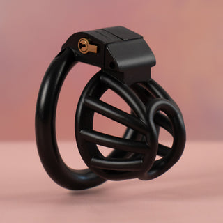 The Cobra Nub in black, this is an angled close up of the cage, the design allows for air low and urination.