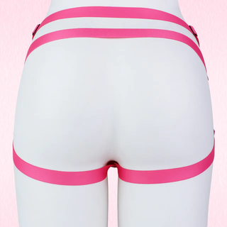 The rear view of the Contour Lock Chastity Belt, the bright pink waist and hip straps, shown from the back on a mannequin against a light pink background.