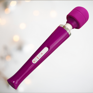 A full view of The Cordless Magic Wand Stimulator / Massager, you can see that its easy to hold and the control panel sits on the front.