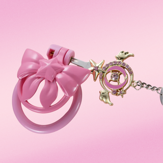 The key shown on the key ring and being used to lock a chastity cage