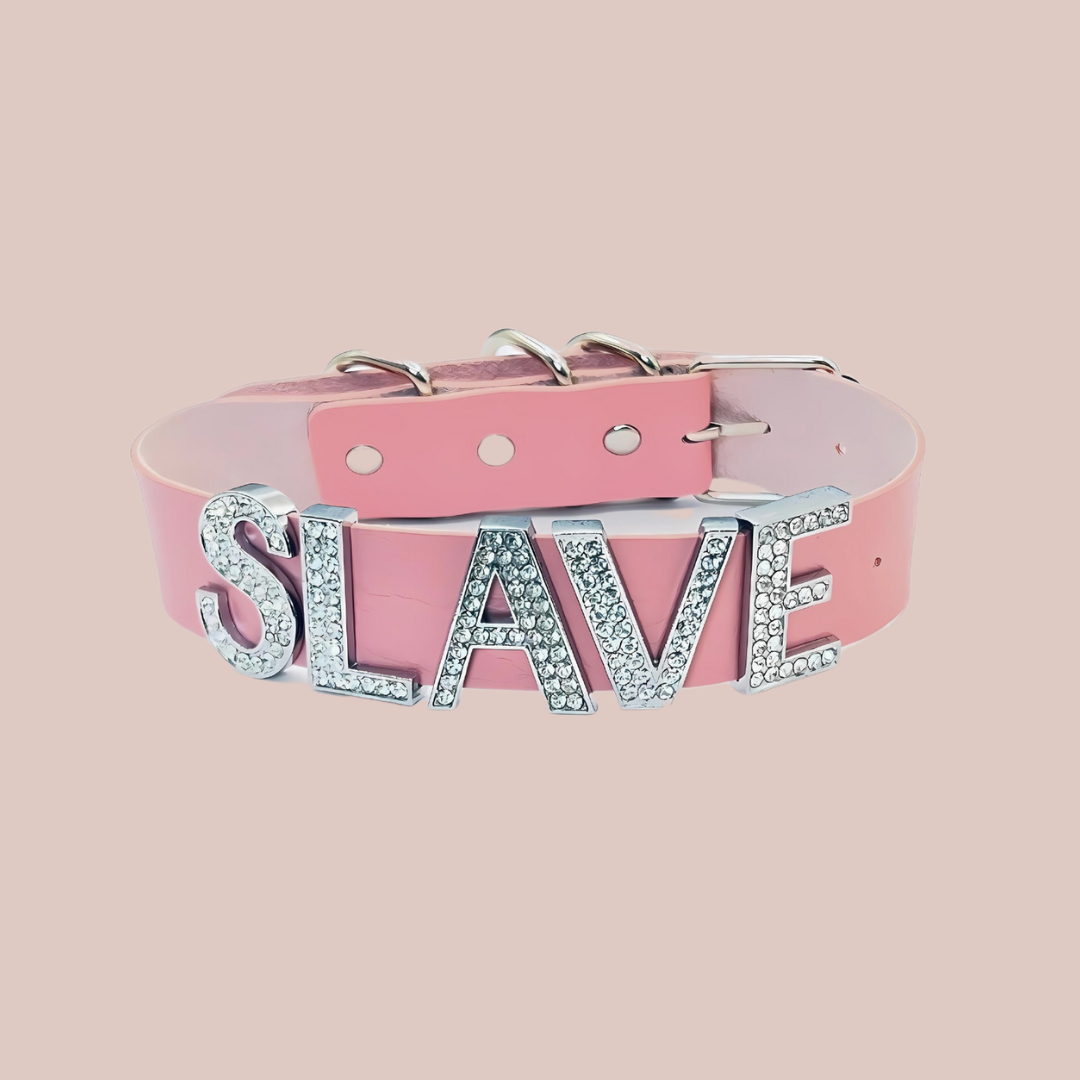The Diamante Slave Collar, shown with a pink collar and diamante lettering