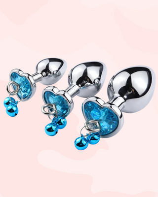 These butt plugs come in three sizes, small, medium and large. Shown here are the blue version of the plugs.