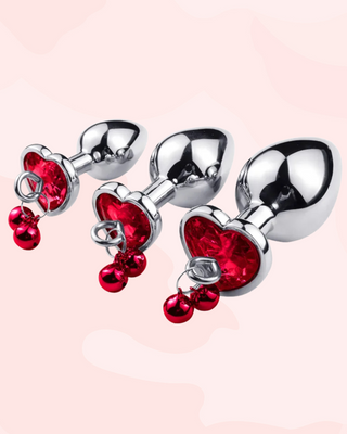 These butt plugs come in three sizes, small, medium and large. Shown here are the red version of the plugs.
