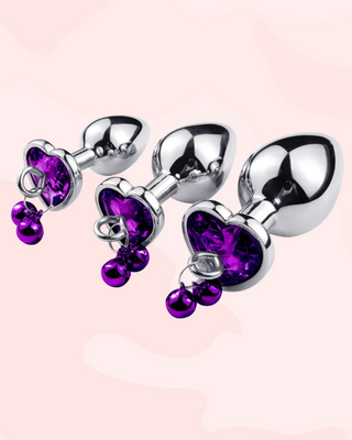 These butt plugs come in three sizes, small, medium and large. Shown here are the purple version of the plugs.