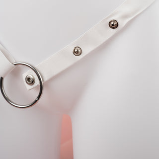 This image of the white chastity belt shows the two popper options, which mean that you can make the belt tighter or looser.