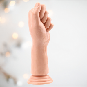 An upright view of the Extreme flesh coloured 8" fist anal plug from House Of Chastity.