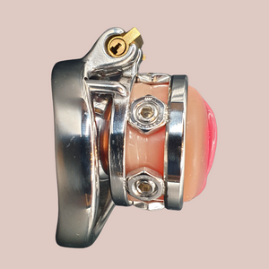 A side view of the Pussy Ring, you can see the angled base ring, the screws in place on the side of the ring and the integral lock in place.
