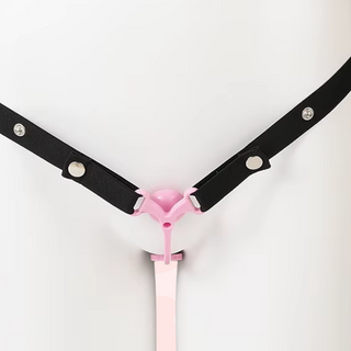 The pink Femme Fantasy P cage shown fully assembled with its adjustable black belt.