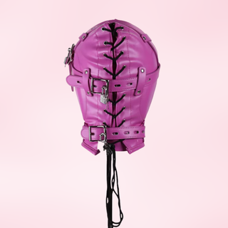 A rear view of the fetish hood, the back lacing and adjustable straps that are lockable can be seen