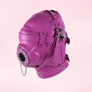 A side view of the hood with the buckles locked and plug inserted