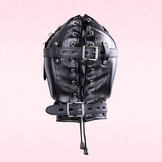 The rear view of the fetish hood, it is shown on a pink background