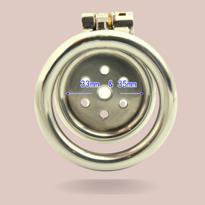The Flat Gatling chastity cage from House Of Chastity, it is shown here fully assembled and shows the rear view. It shows the 2 different size of chastity cage face place on offer.