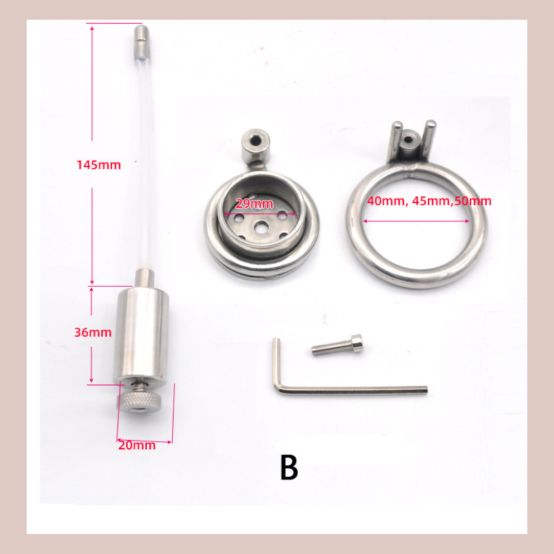 An image of the elements included with style B, the urethral tube, cage base ring, Allen key and bolt.