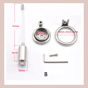 An image of the elements included with style B, the urethral tube, cage base ring, Allen key and bolt.