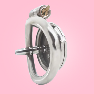 The rear view of the Flat Gatling Urethral Chastity Cage, you can see the angled base ring and the urethral tube that is fixed to the chastity device.