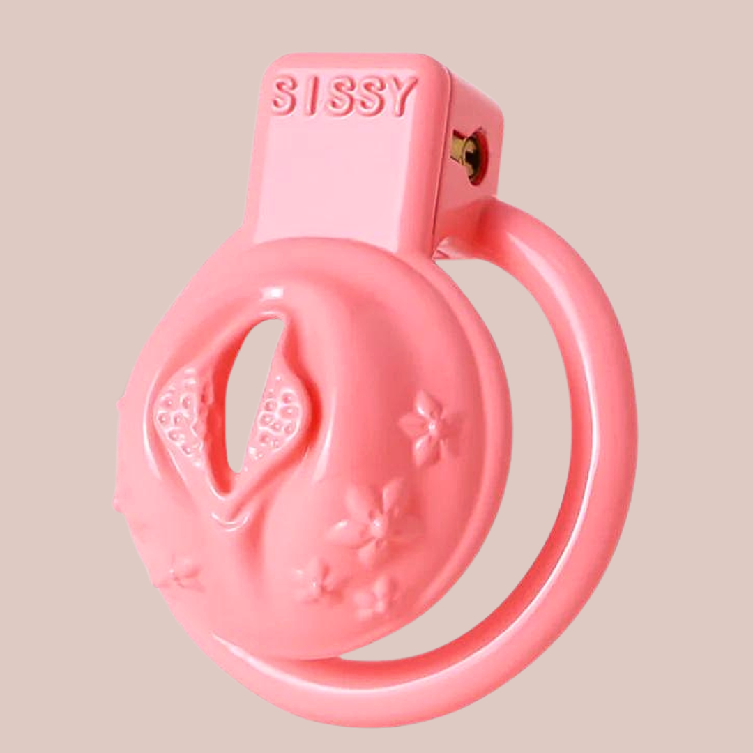 A side view of the Flower Power Sissy Pussy Chastity Cage from House Of Chastity it is shown fully assembled.