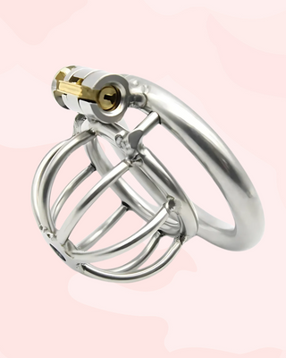 The Full Submission micro chastity cage from a side view, it is shown fully assembled with the base ring and integral lock fitted.