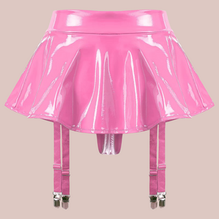 A rear view of the PVC minis skirt, you can see the back of the panties thong and the suspender belts 