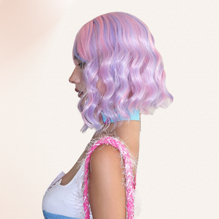 Another side view of the wig, the soft wave styling and mixed colouring can be seen.